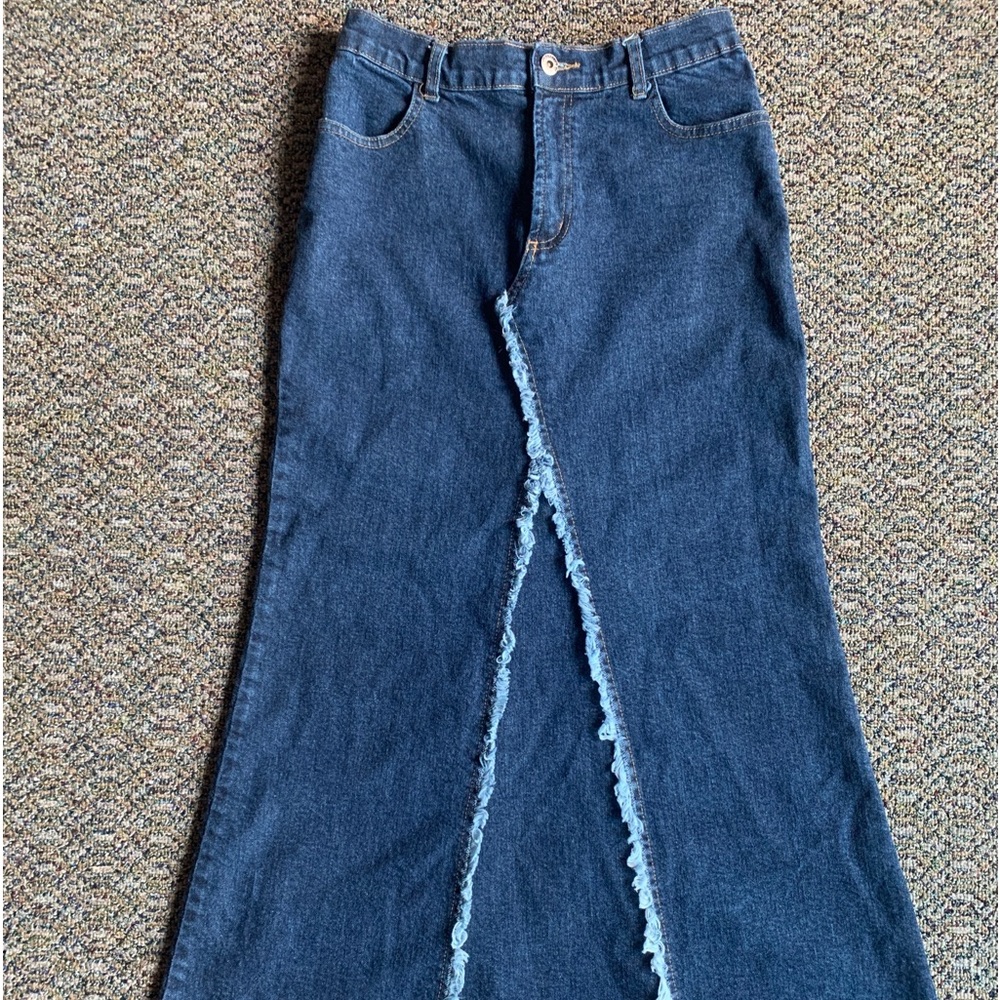 Decoline Distressed Long Dark Blue Denim Jean Maxi Skirt